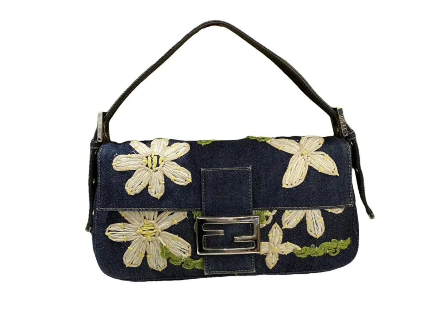 Fendi Vintage Denim Baguette Bag with Floral Embroidery