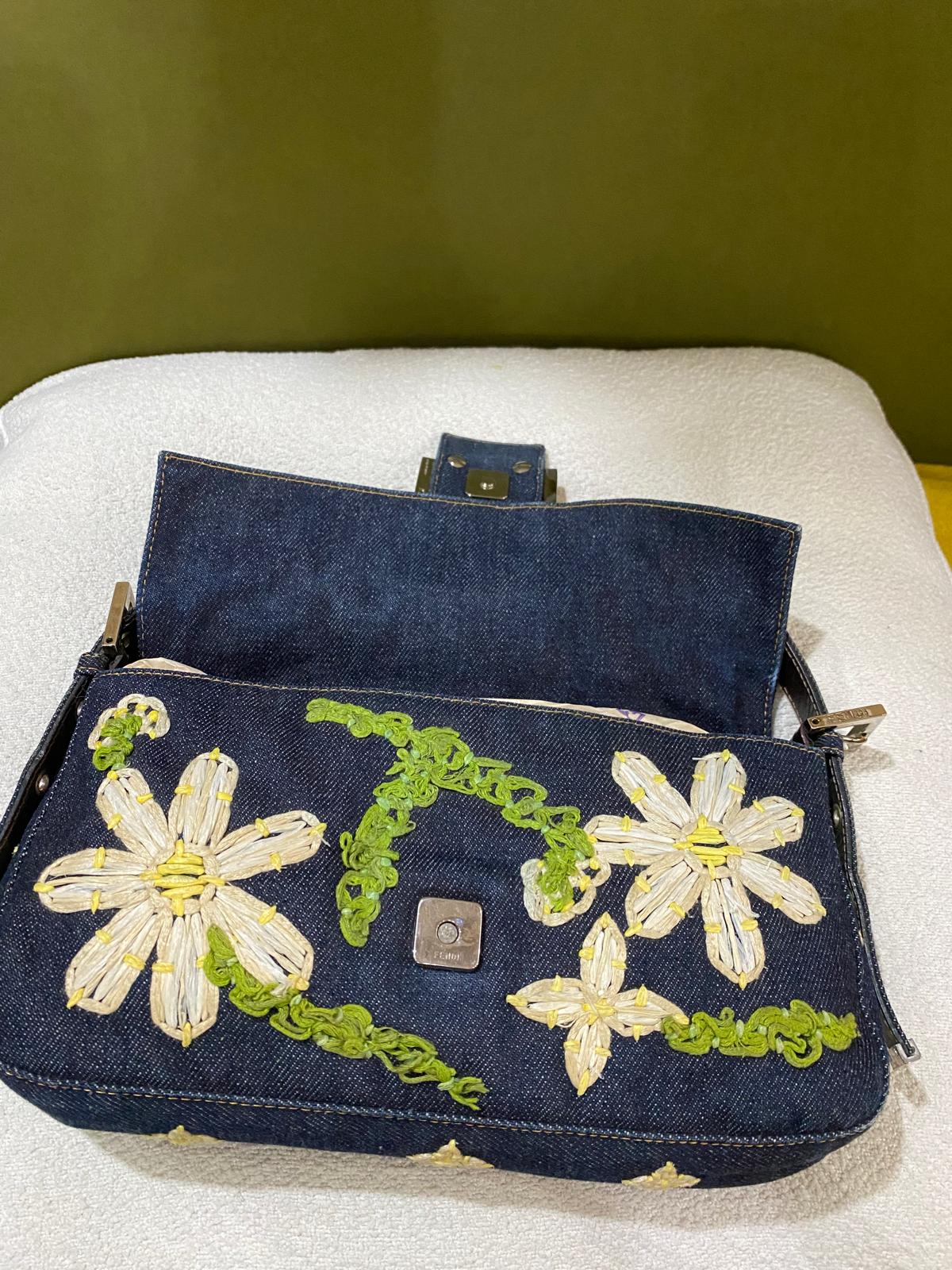 Fendi Vintage Denim Baguette Bag with Floral Embroidery