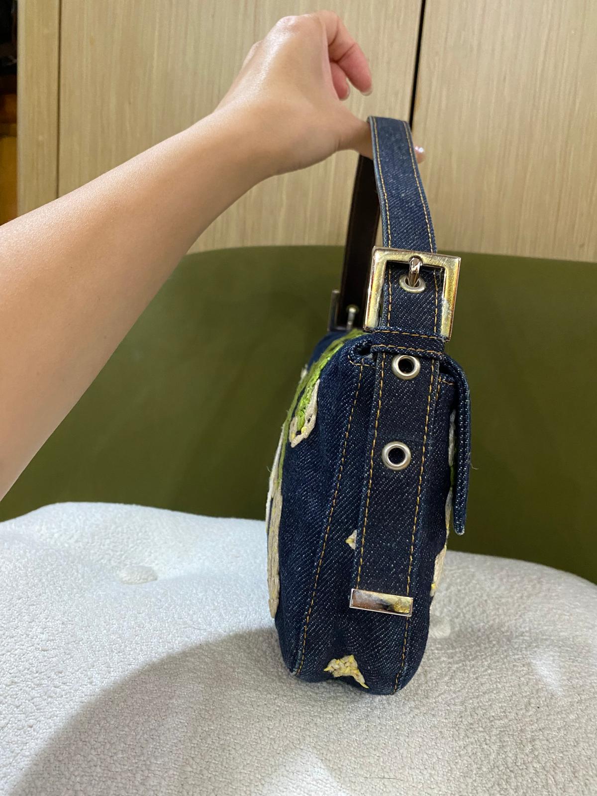 Fendi Vintage Denim Baguette Bag with Floral Embroidery
