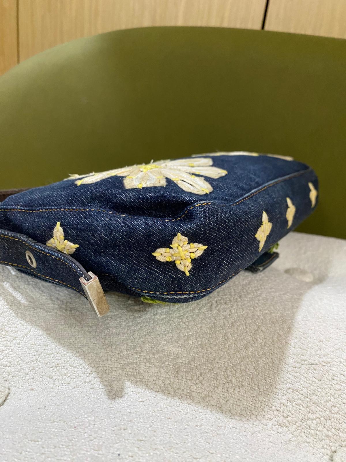 Fendi Vintage Denim Baguette Bag with Floral Embroidery