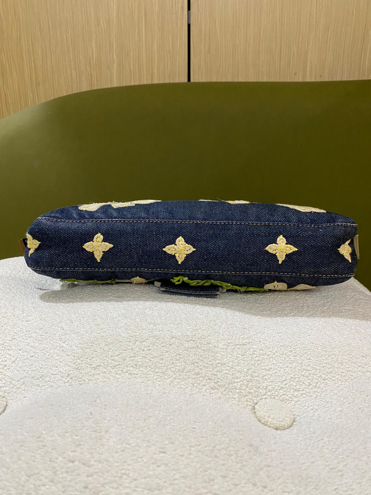 Fendi Vintage Denim Baguette Bag with Floral Embroidery