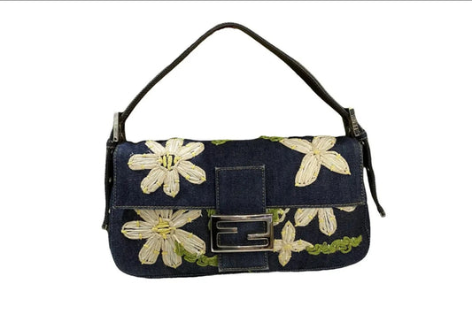 Fendi Vintage Denim Baguette Bag with Floral Embroidery