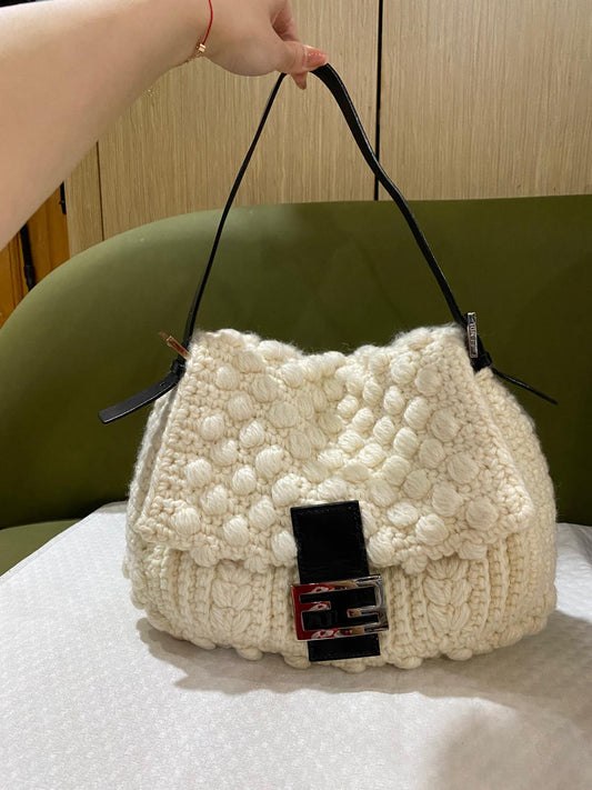 Fendi Mama Baguette Knitted Wool Shoulder Bag in Cream