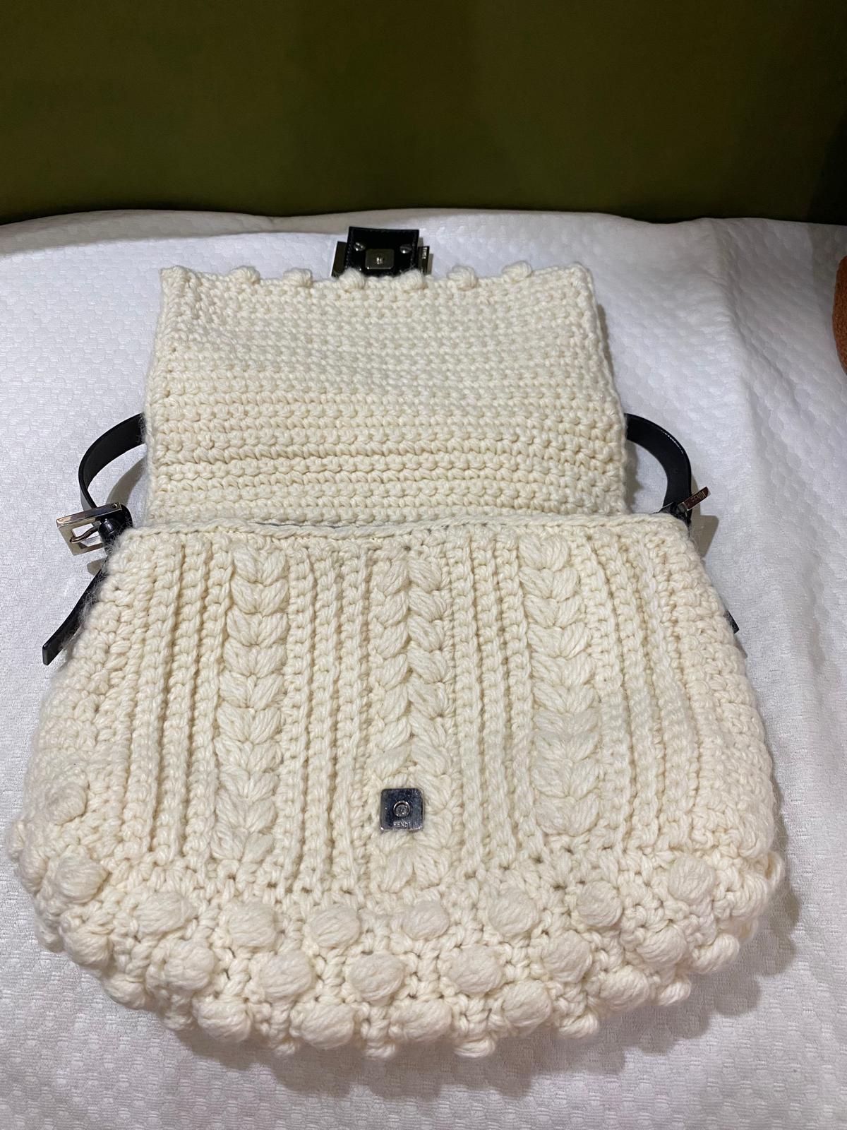 Fendi Mama Baguette Knitted Wool Shoulder Bag in Cream