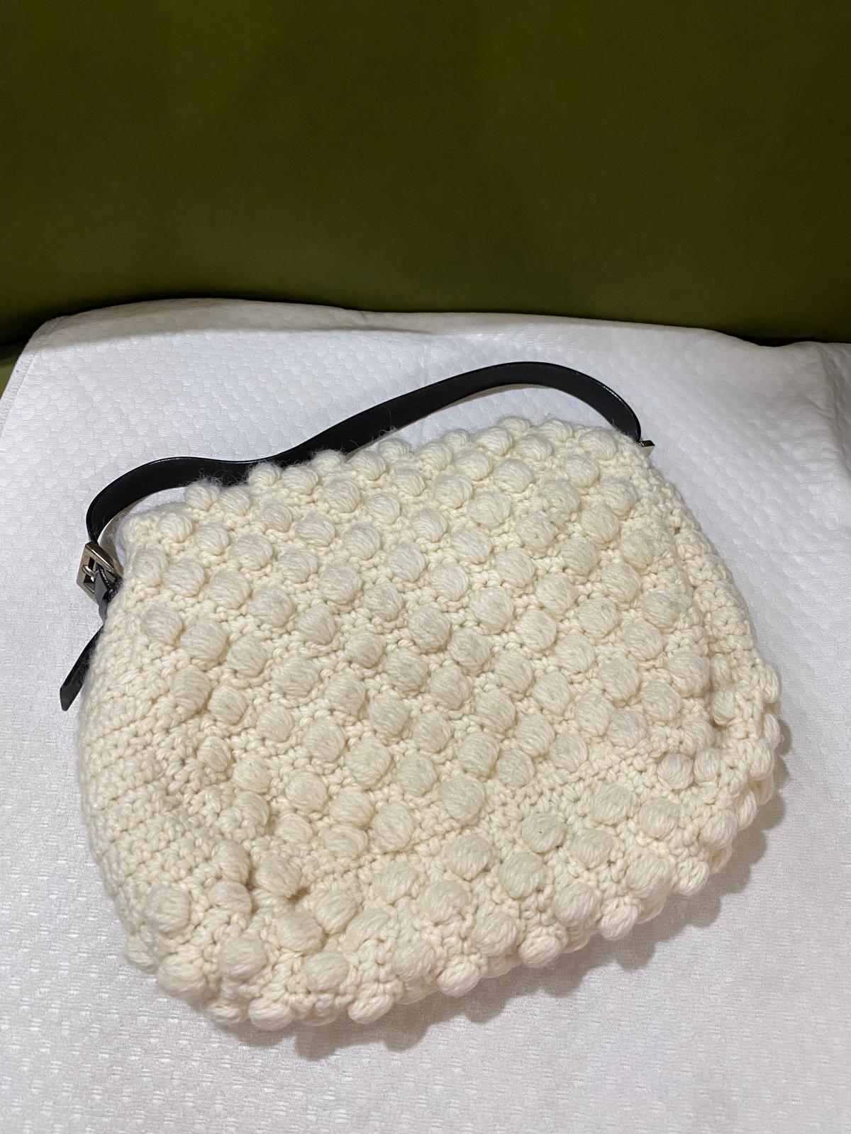 Fendi Mama Baguette Knitted Wool Shoulder Bag in Cream