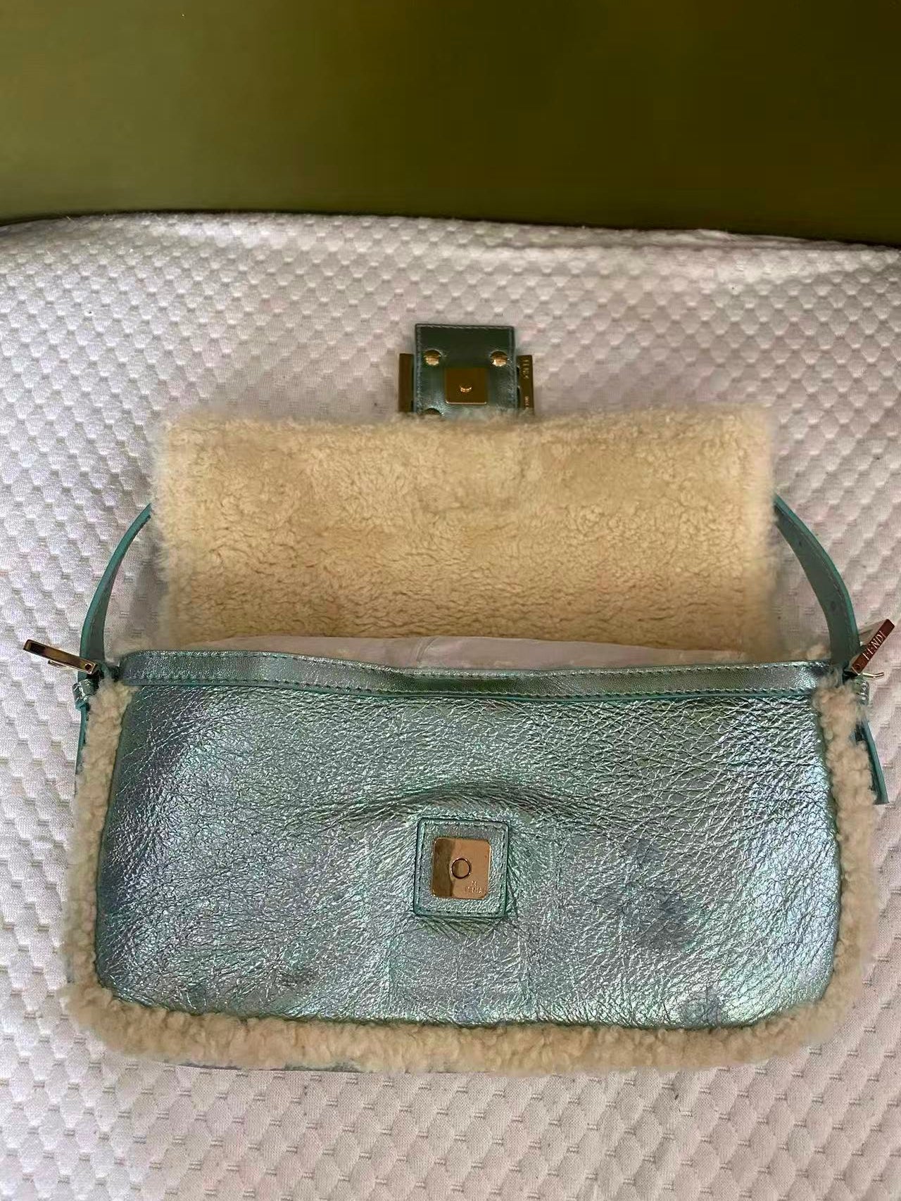 Fendi Metallic Ice Blue Shearling Baguette