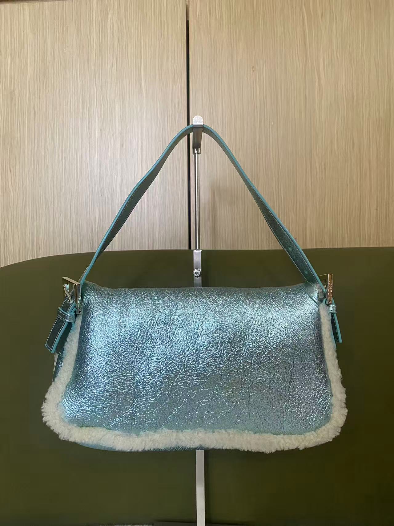 Fendi Metallic Ice Blue Shearling Baguette
