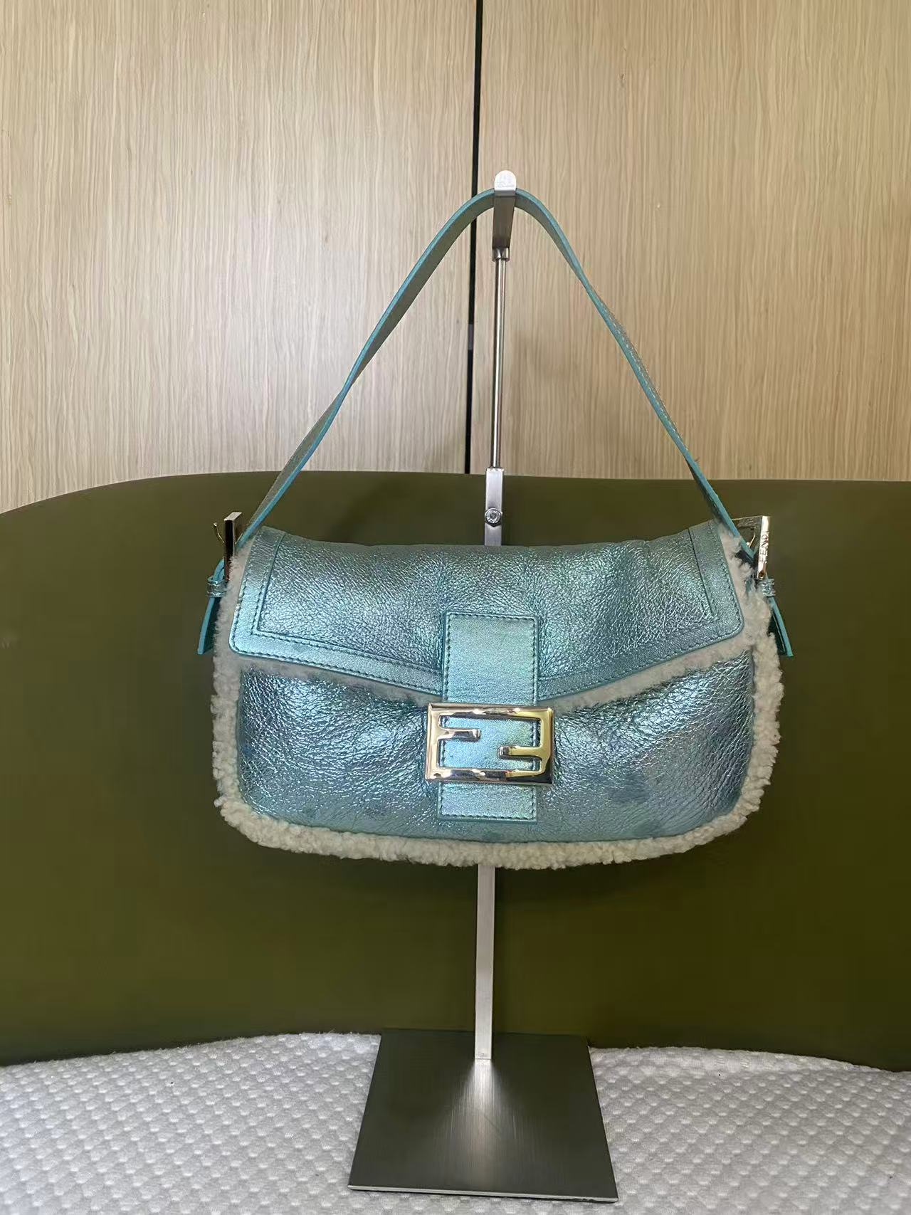 Fendi Metallic Ice Blue Shearling Baguette