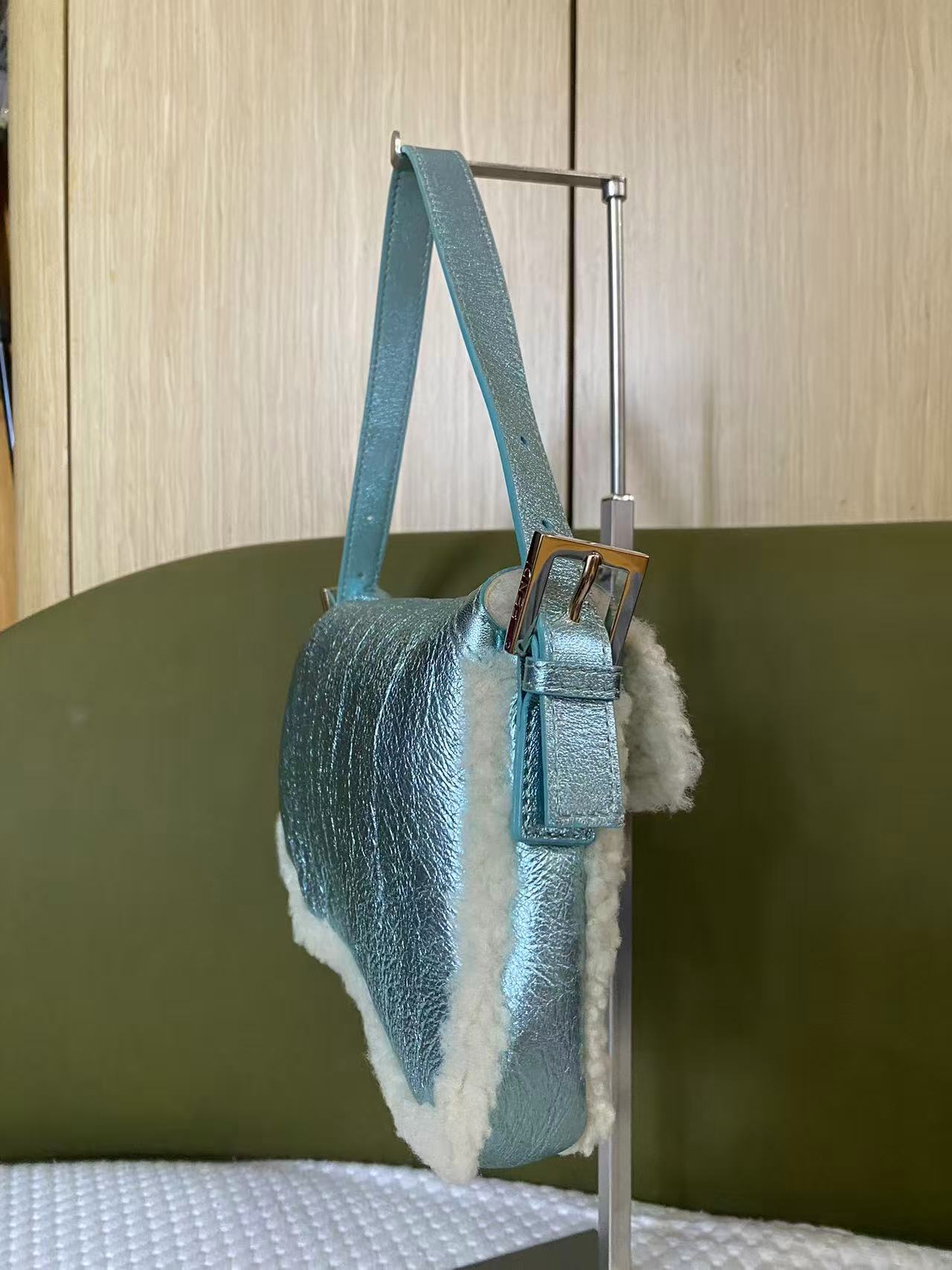 Fendi Metallic Ice Blue Shearling Baguette