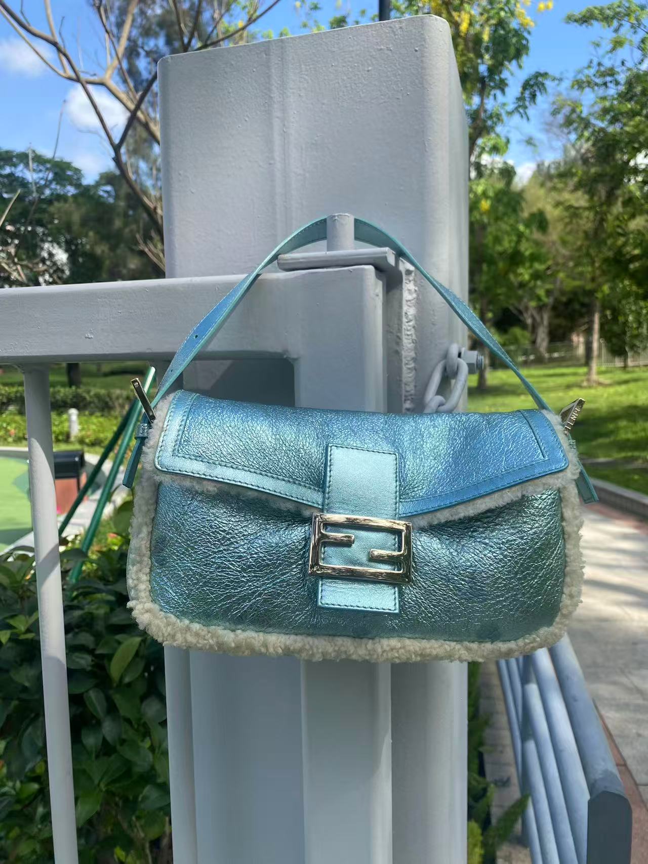 Fendi Metallic Ice Blue Shearling Baguette