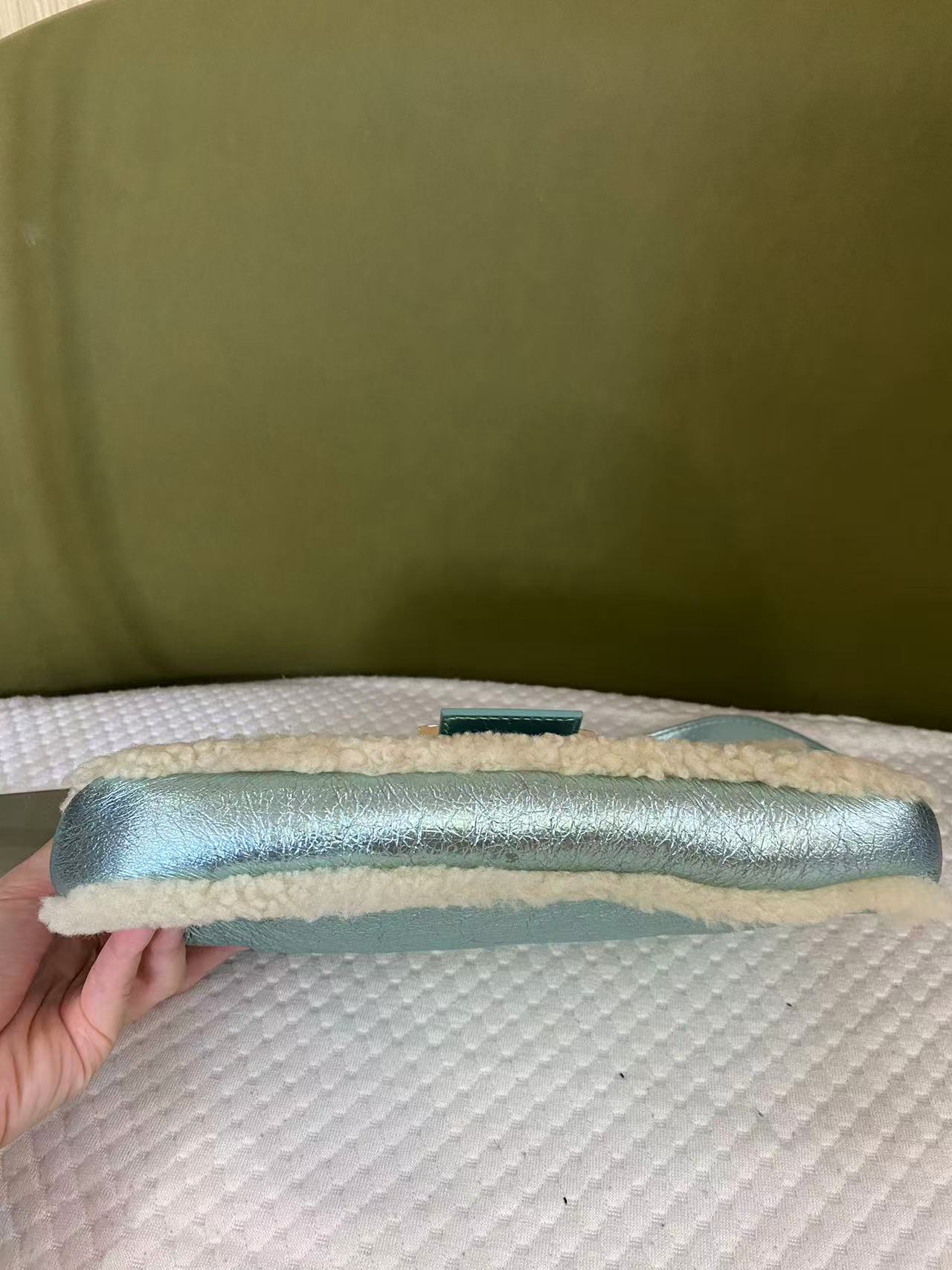 Fendi Metallic Ice Blue Shearling Baguette