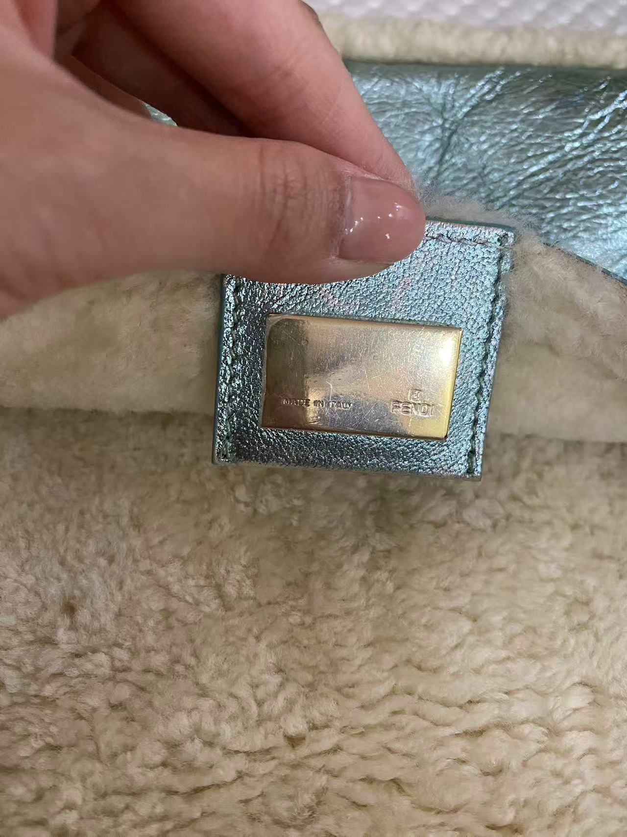 Fendi Metallic Ice Blue Shearling Baguette