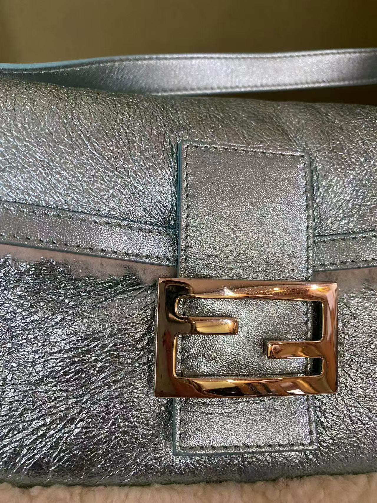Fendi Metallic Ice Blue Shearling Baguette