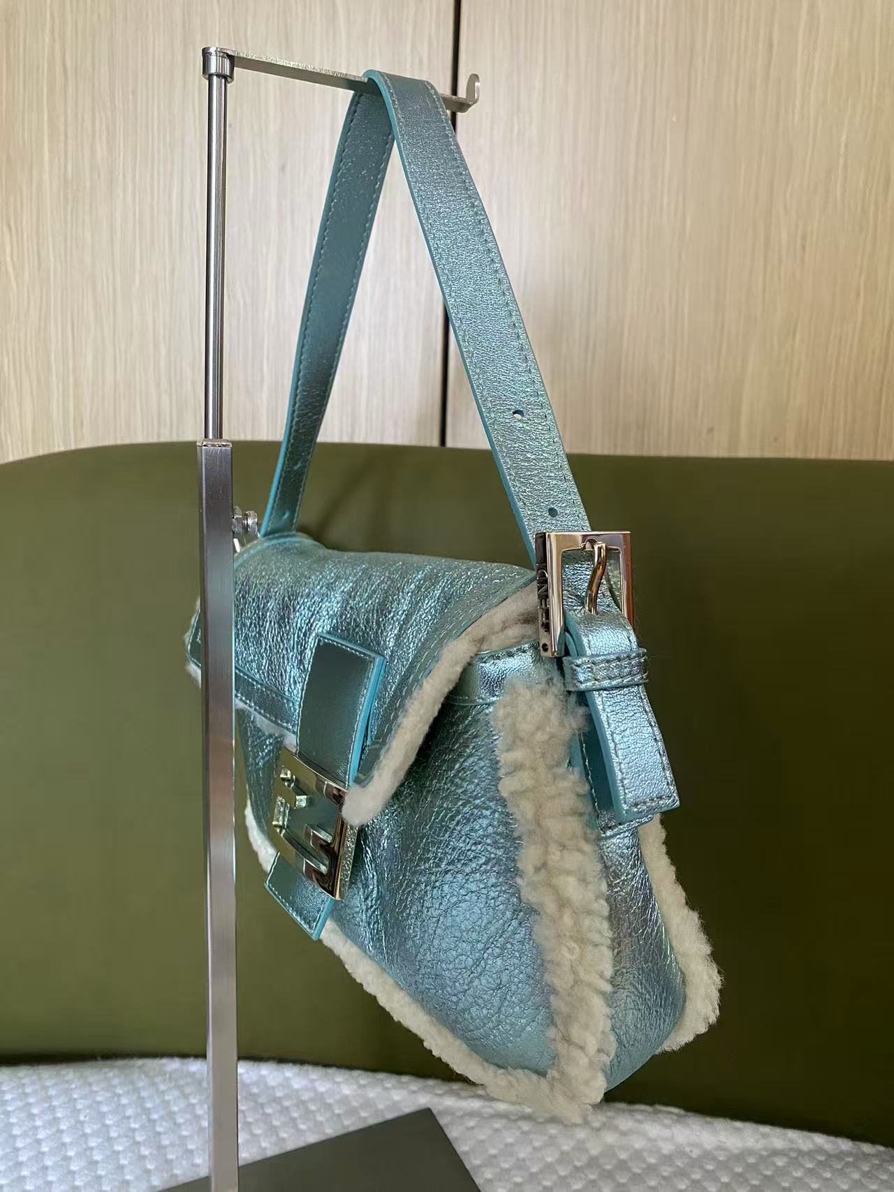 Fendi Metallic Ice Blue Shearling Baguette